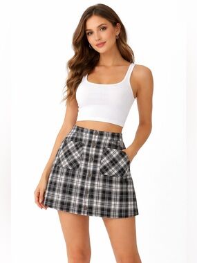 HALARA Black and White Plaid Button-Front Mini Skirt